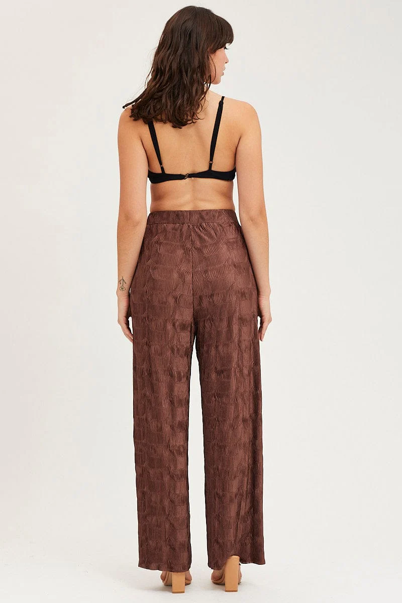 Brown Plisse Pants Wide Leg High Rise