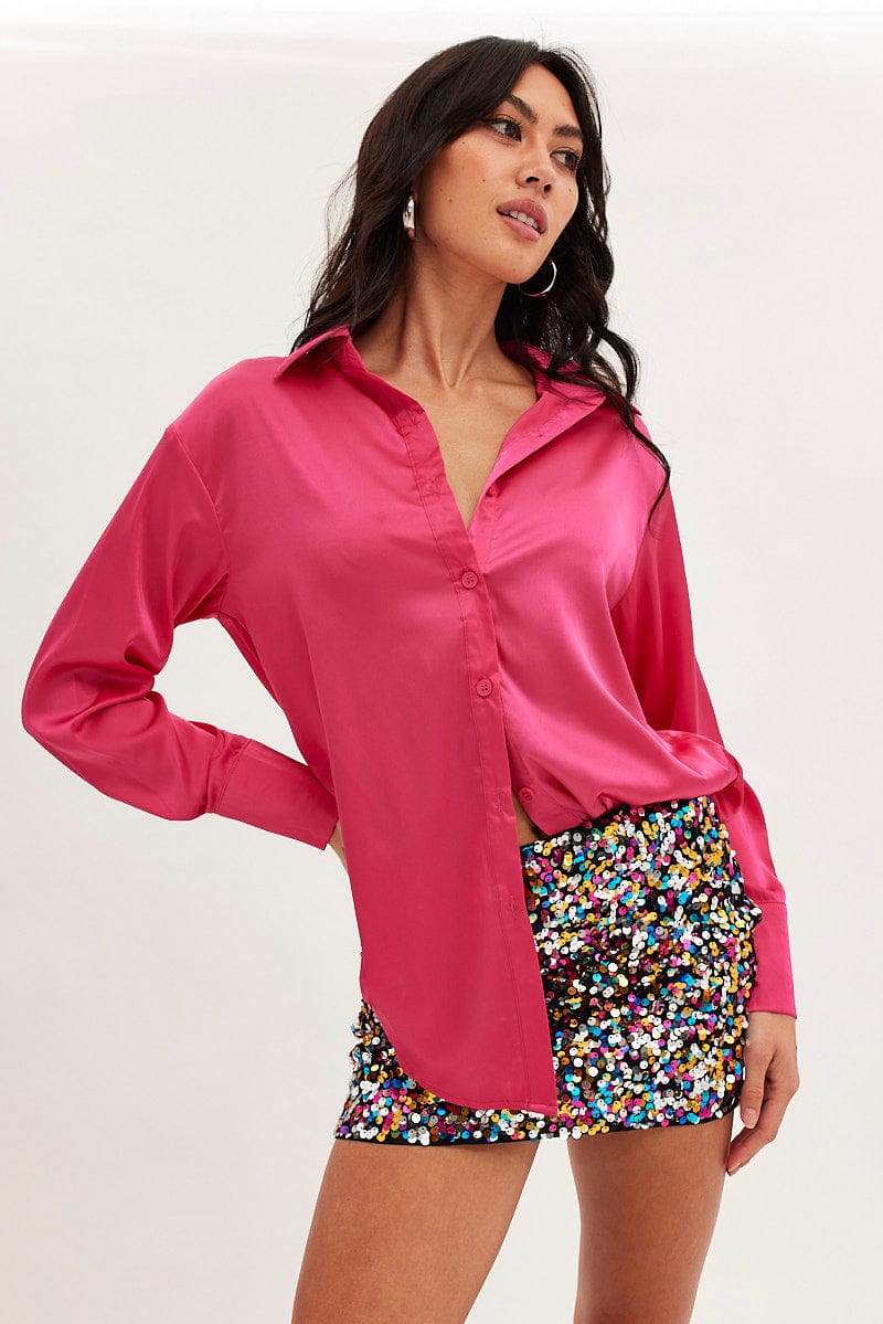 Pink Shirt Long Sleeve Collared Longline Satin