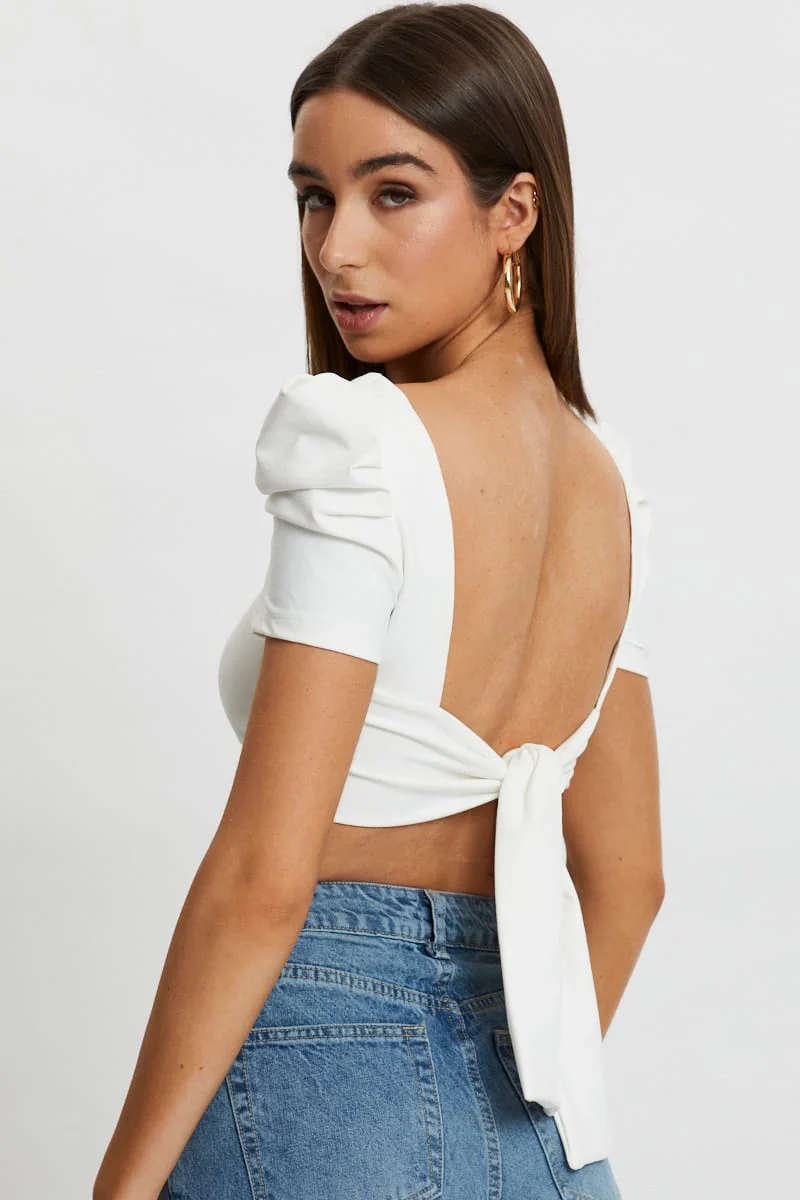 White Puff Sleeve Tie Back Top