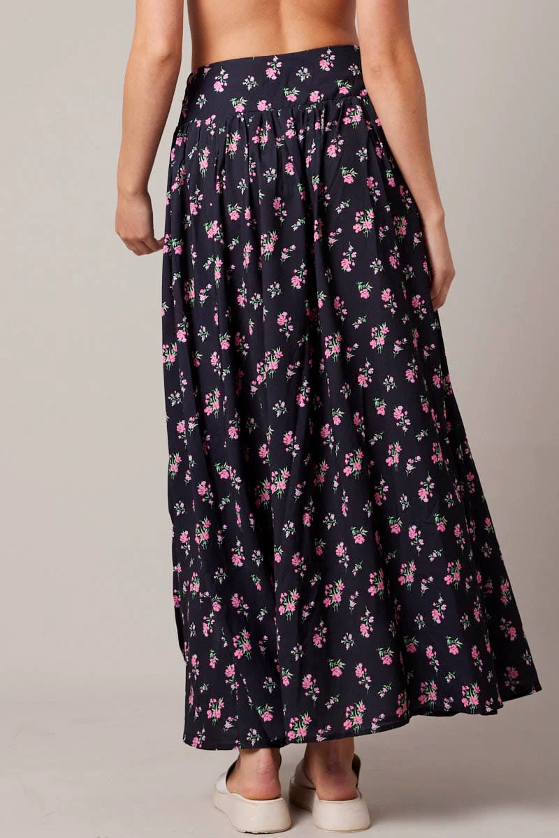 Black Floral Maxi Skirt Bouquet Ditsy Side Split Skirt