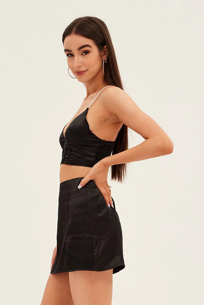 Black Mini Skirt High Waisted Side Slit Party Satin