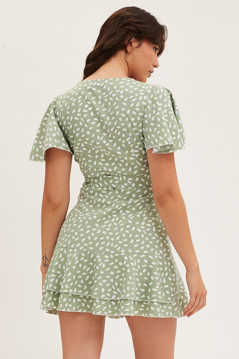 Green Geo Wrap Mini Dress