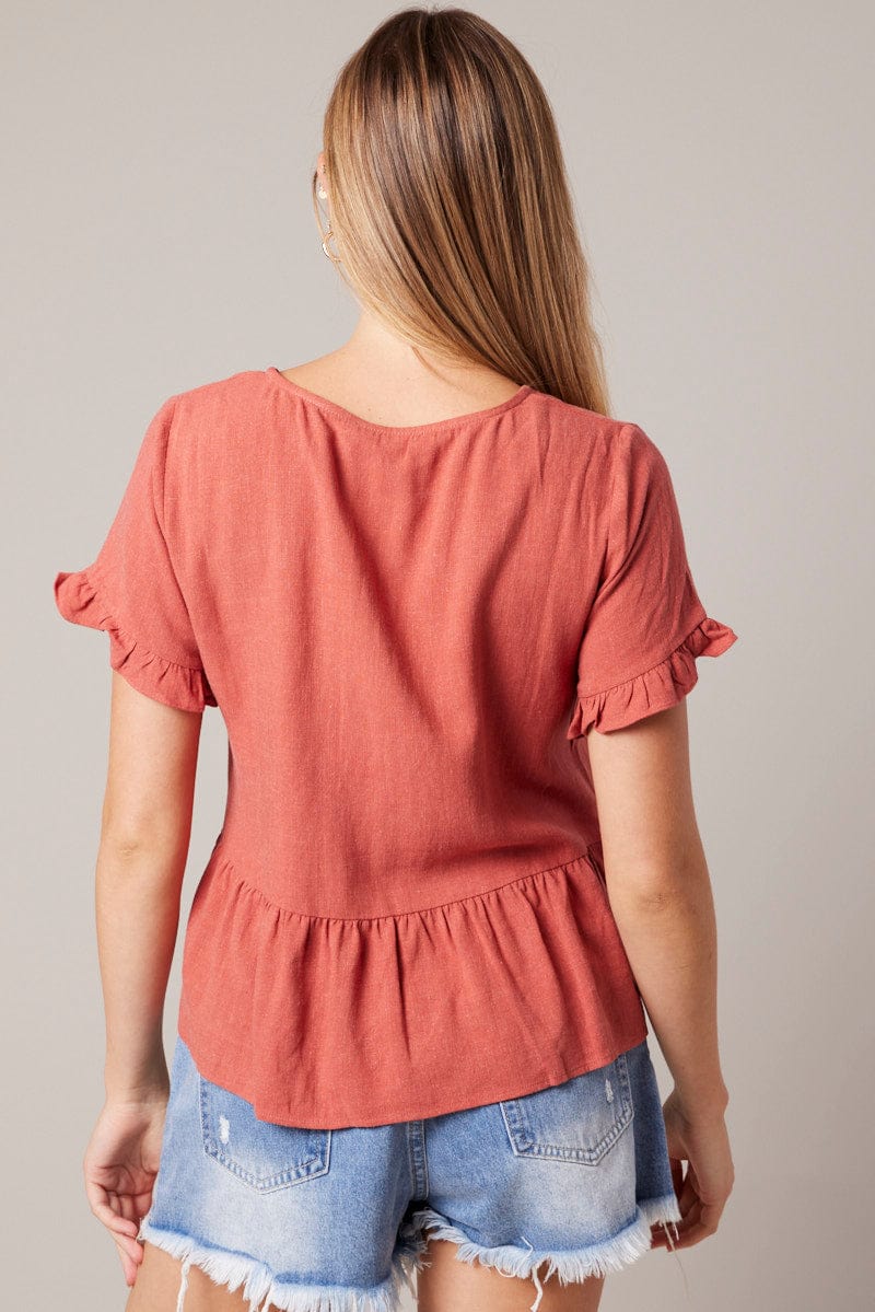 Brown Button Up Top V-Neck Frill Hem Top Linen