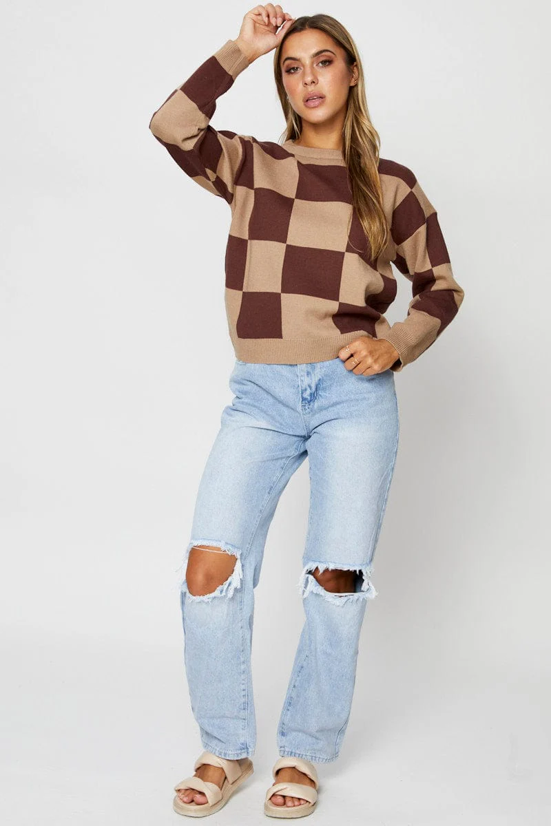 Brown Knit Top Long Sleeve Relaxed Round Neck