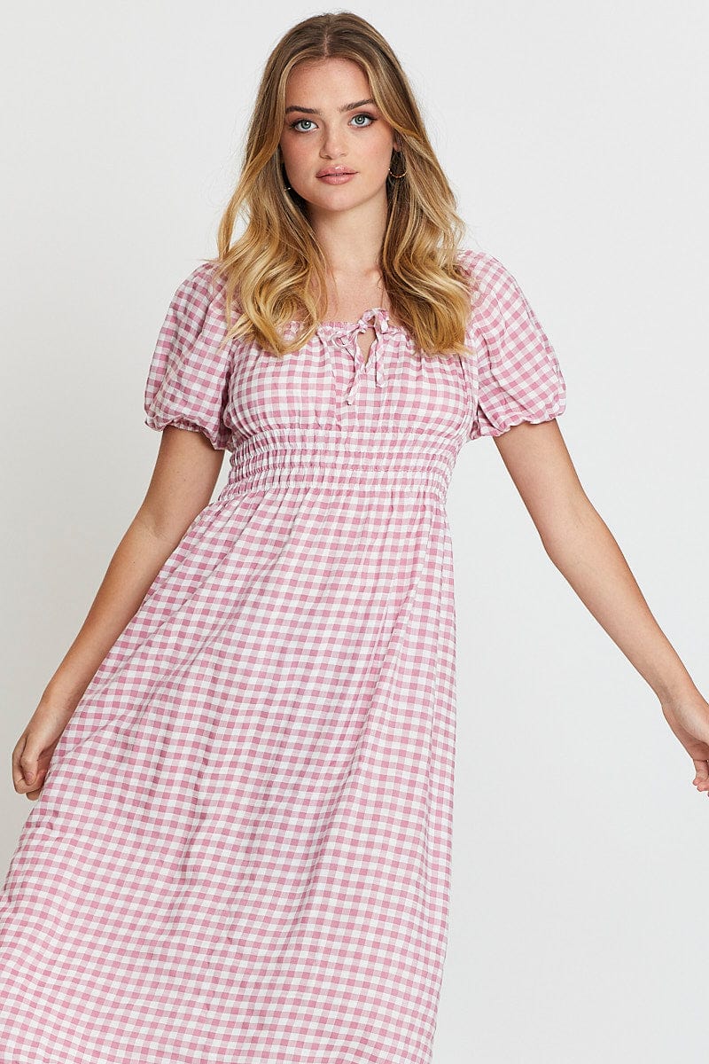 Check Dress Short Sleeve Midi Scoop Neck
