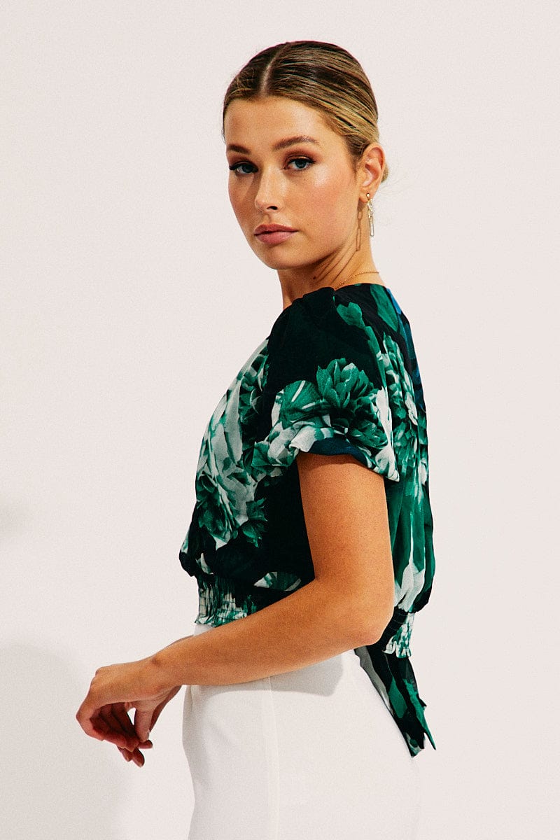 Floral Print Short Sleeve Floral Print V-Neck Crop Top