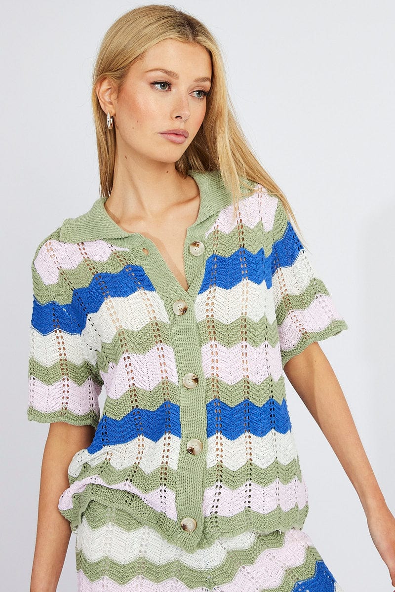 Multi Stripe Collar Knit Cardigan Short Sleeve