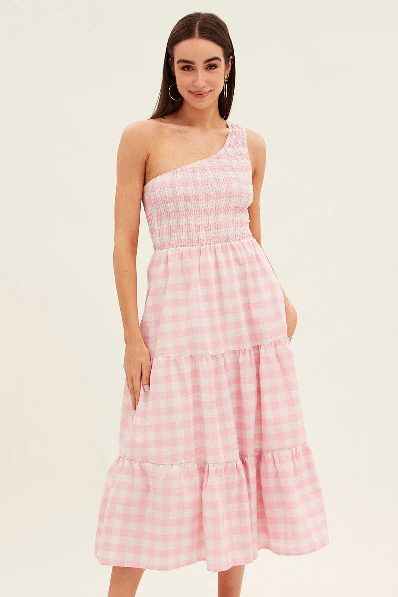 Pink Check Midi Dress One Shoulder Shirred Body