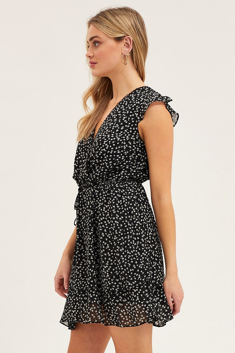 Ditsy Print Flutter Wrap Look Tie Waist Layered Dress
