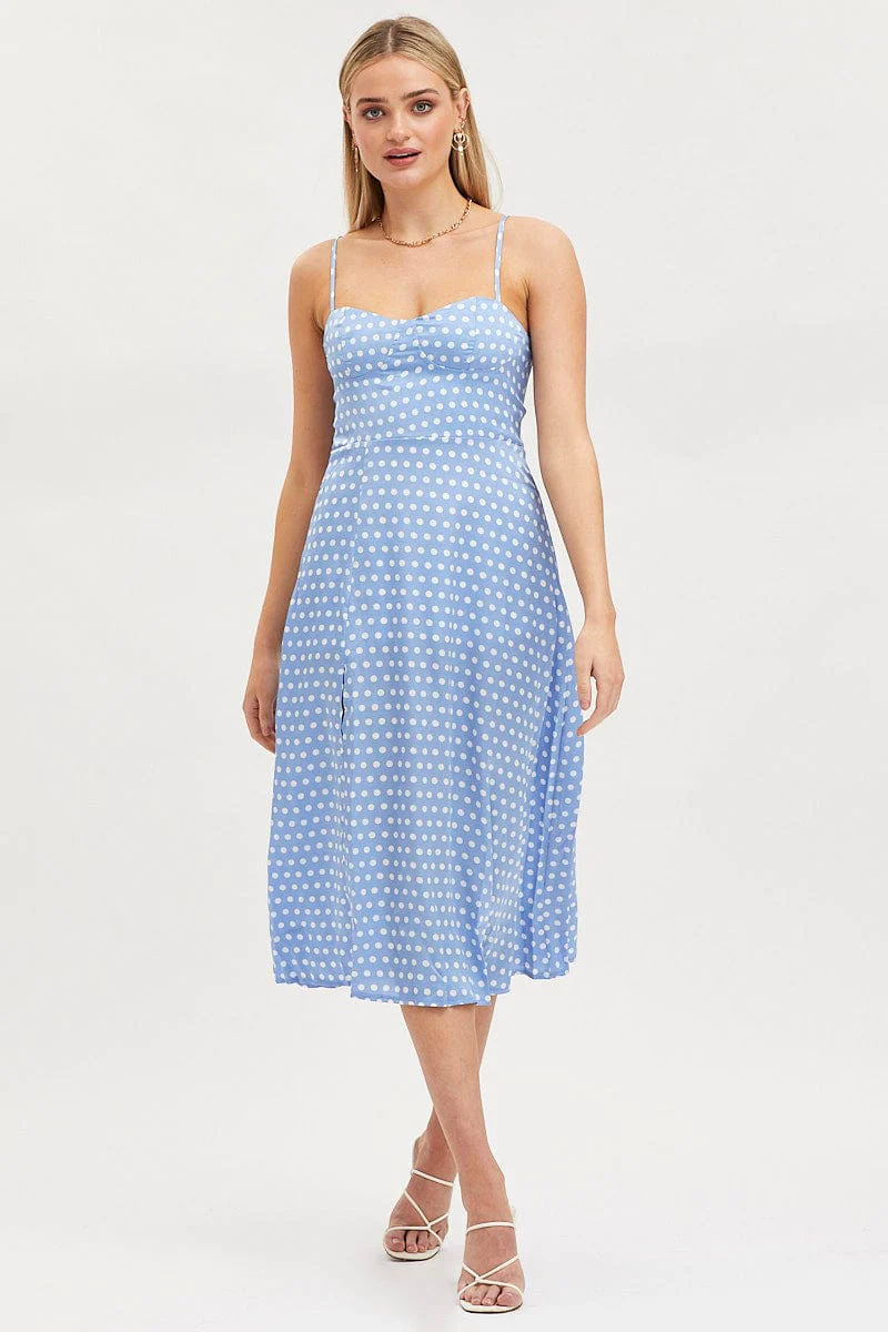 Polka Dot Midi Dress Sleeveless Sweetheart Neckline