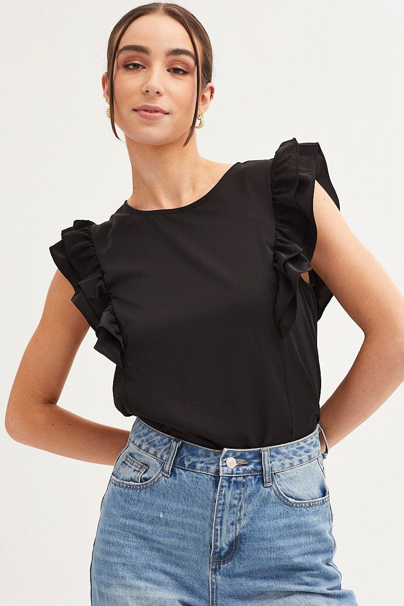 Black Ruffle Sleeve Top