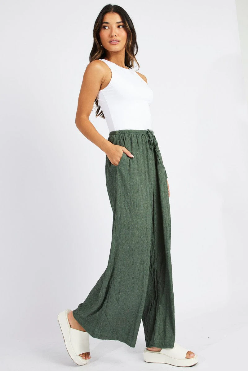 Green Wide Leg Pants High Rise Textured Fabric