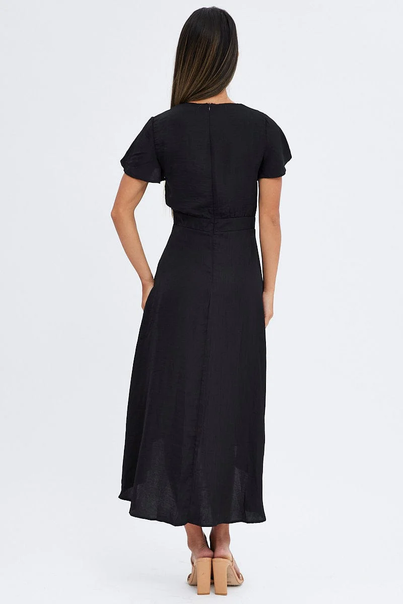 Black Midi Dress Short Sleeve Tie Back Satin