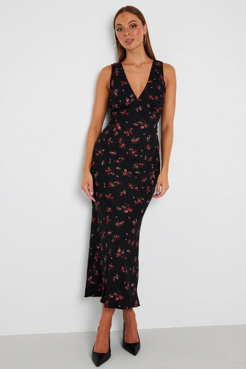 Black Floral Maxi Dress V-Neck Sleevelss