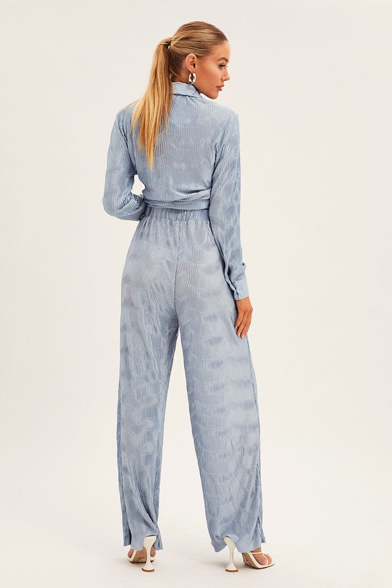 Blue Plisse Pants Wide Leg
