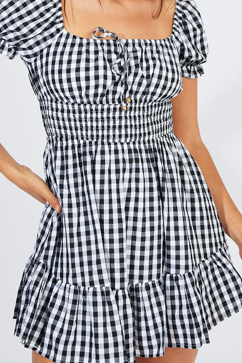Black Check Fit And Flare Dress Puff Sleeve Mini
