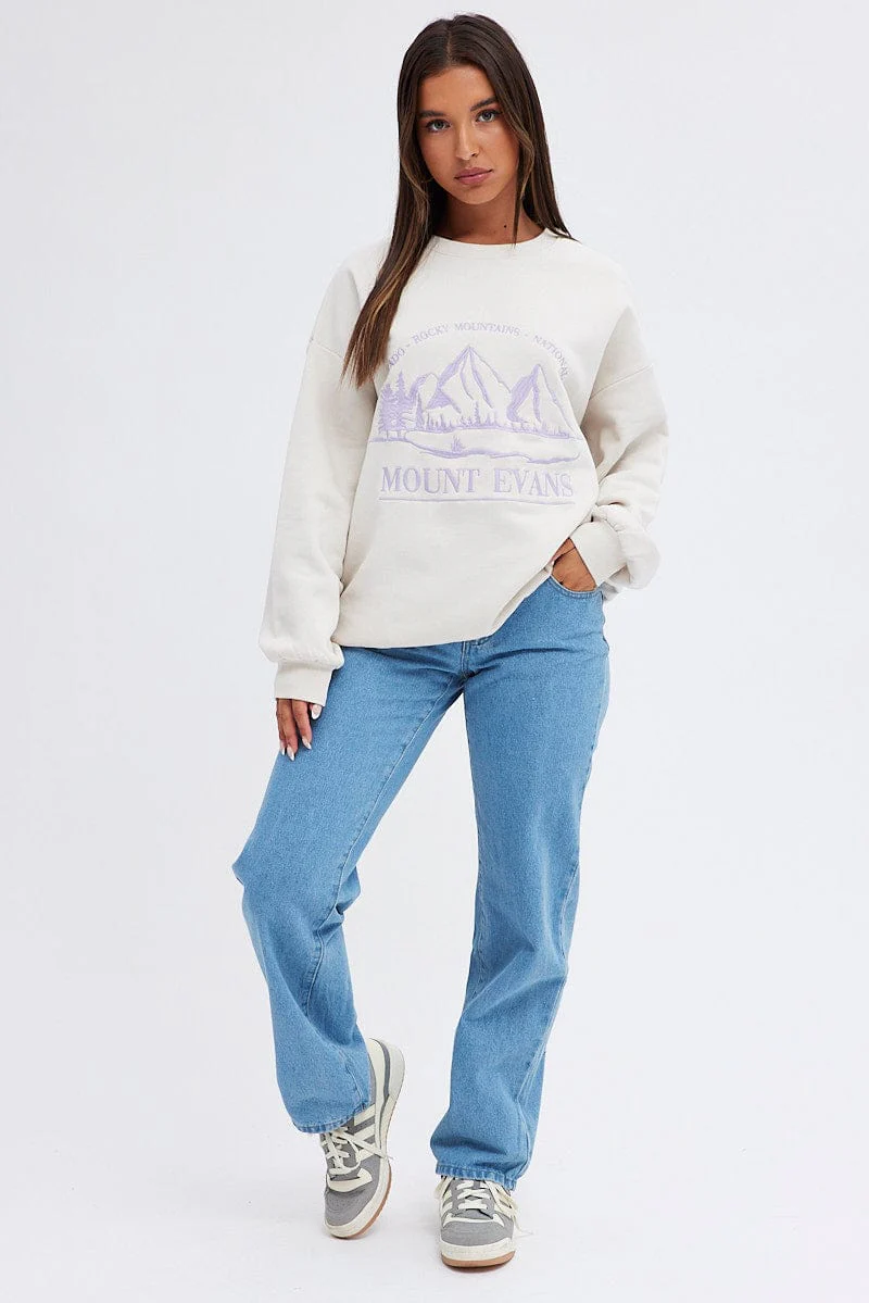 Beige Sweater Sky Mountain- Embroidery Long Sleeve
