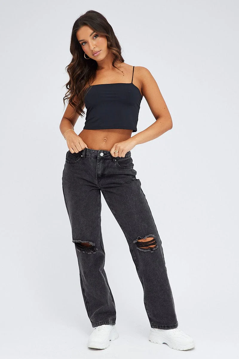 Black Singlet Crop Top Square Neck