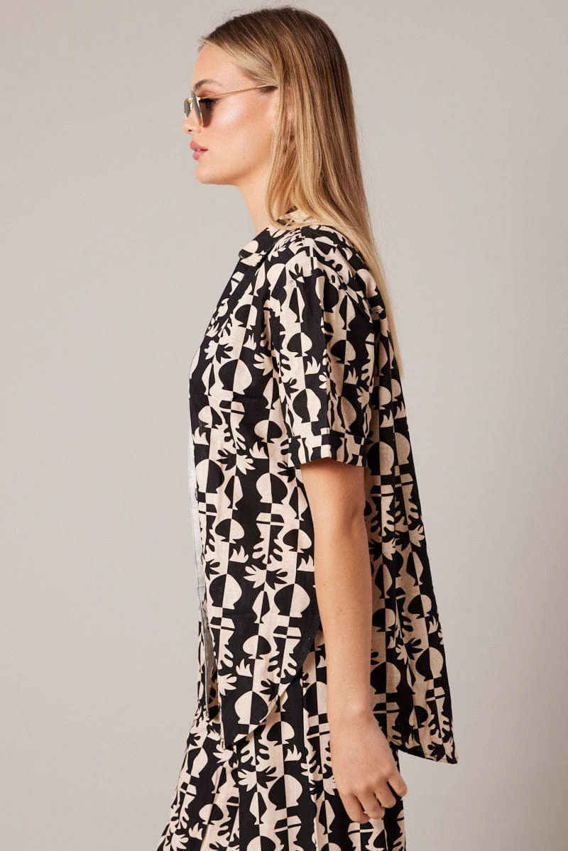 Black Abstract Relaxed Shirt Short Sleeve Linen  Blend