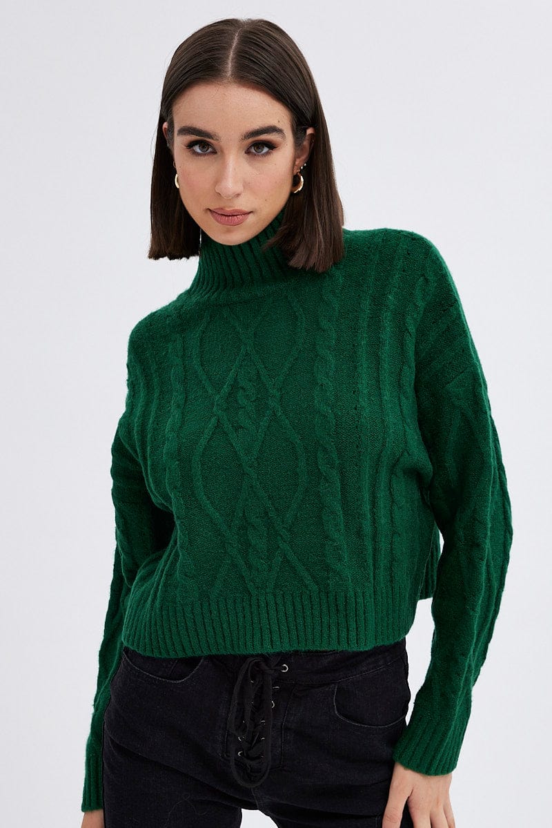 Green Cable Knit Jumper High neck