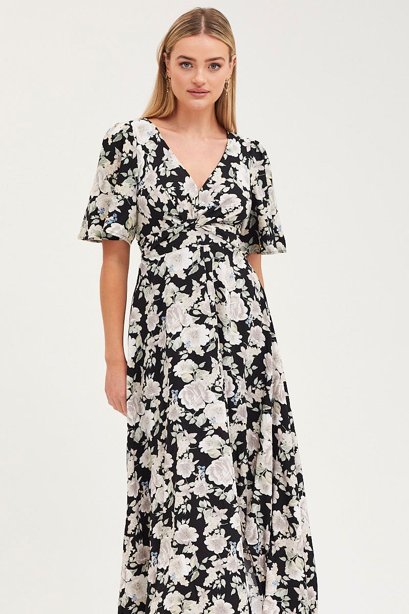 Print Dress Short Sleeve Maxi V Neck Polyester