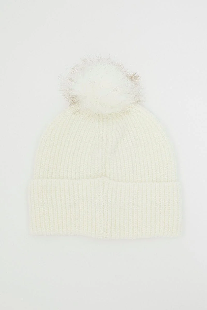 White Faux Fur Pom Pom Beanie