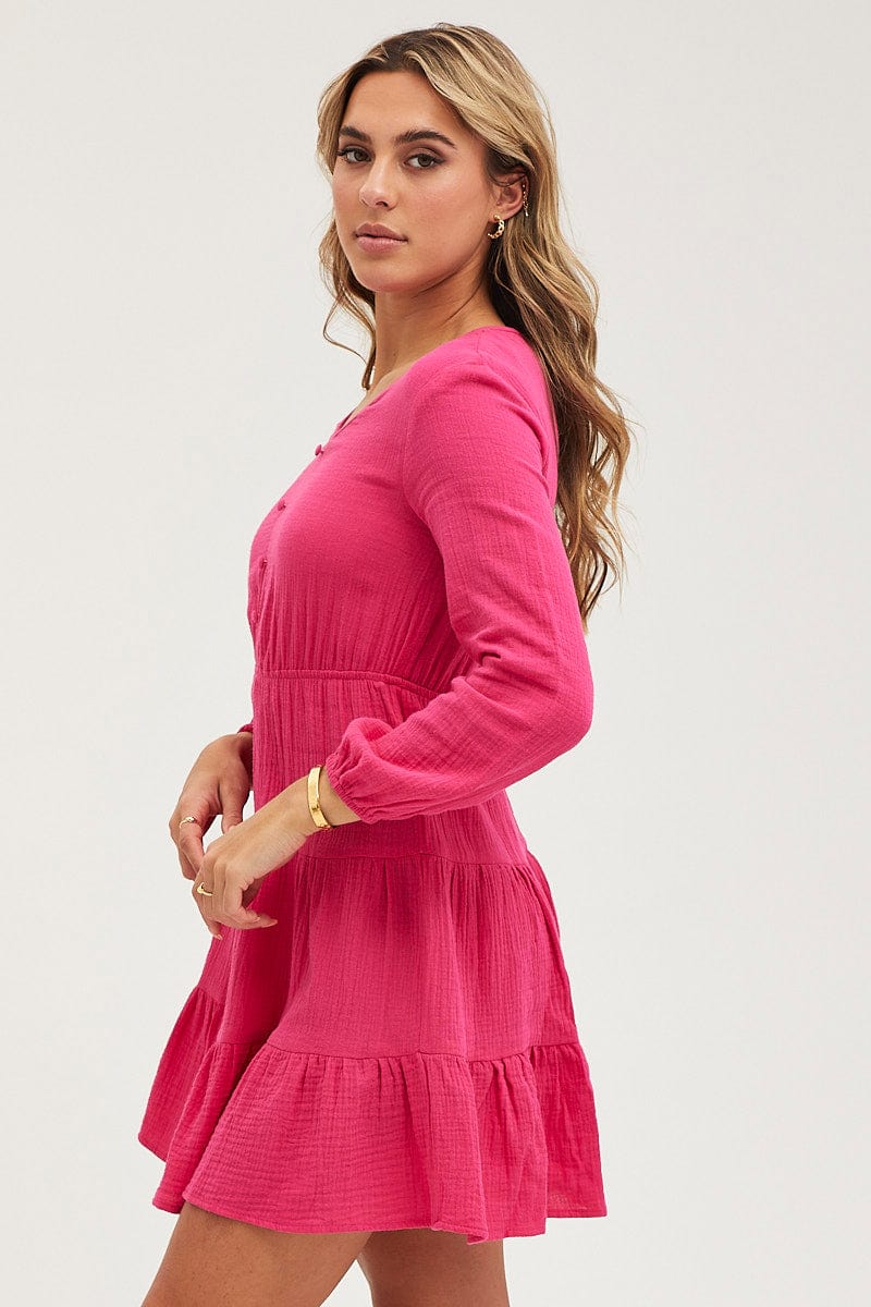 Pink Skater Dress Long Sleeve Mini