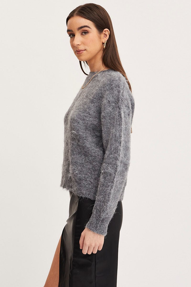Grey Knit Top Long Sleeve Round Neck