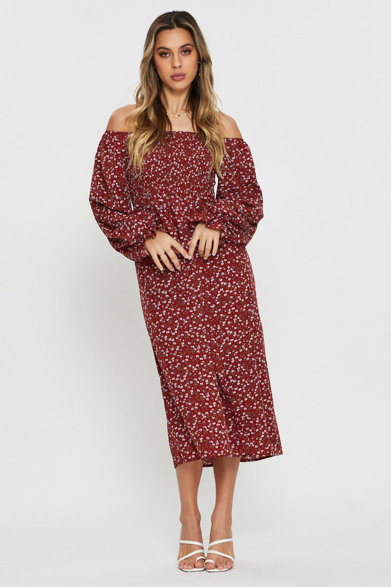 Print Midi Dress Off Shoulder