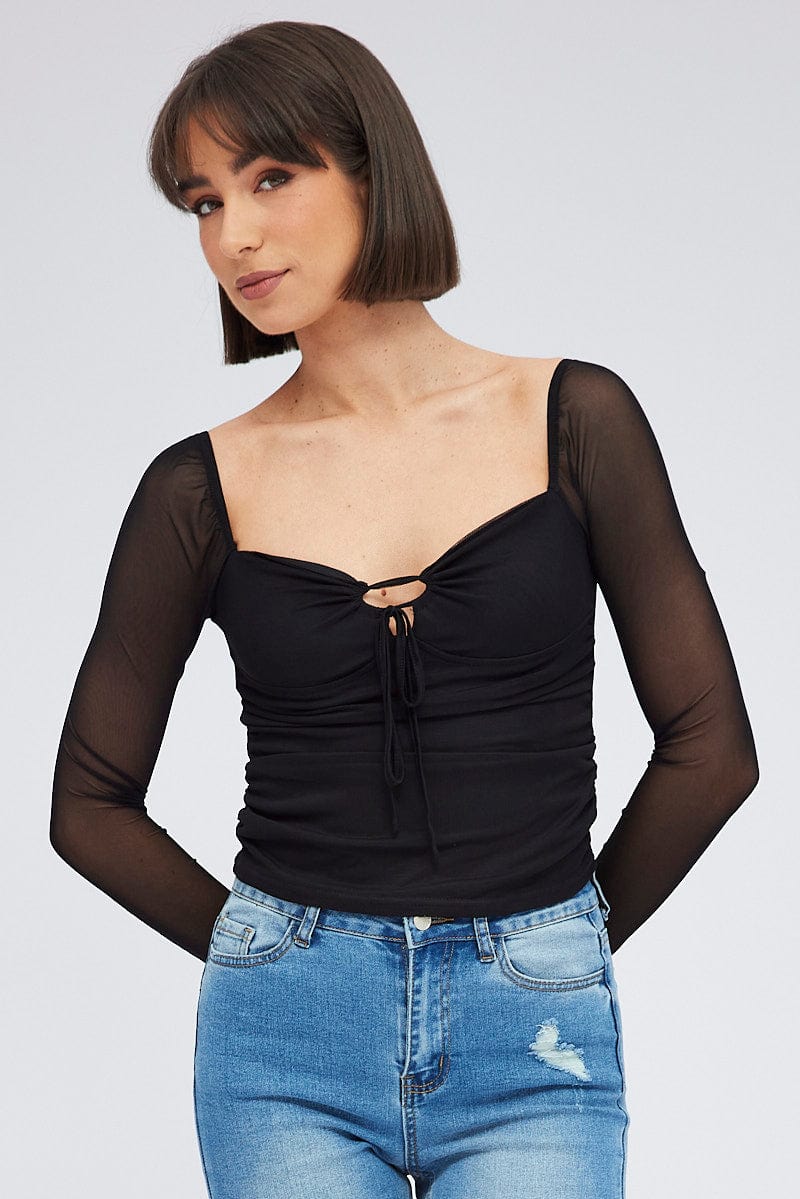 Black Top Long Sleeve Sweetheart Keyhole Ruched Mesh