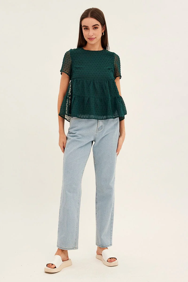 Forest Dobby Chiffon Flutter Sleeve Tiered Hem Top