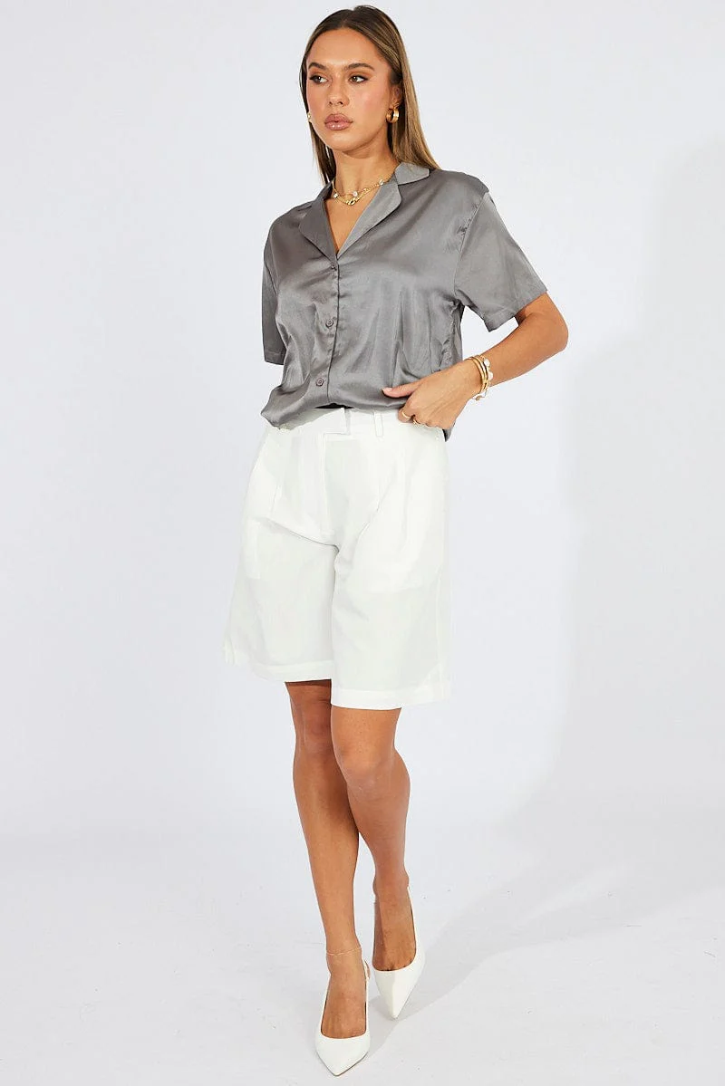 Grey Satin Shirt Short Sleeve