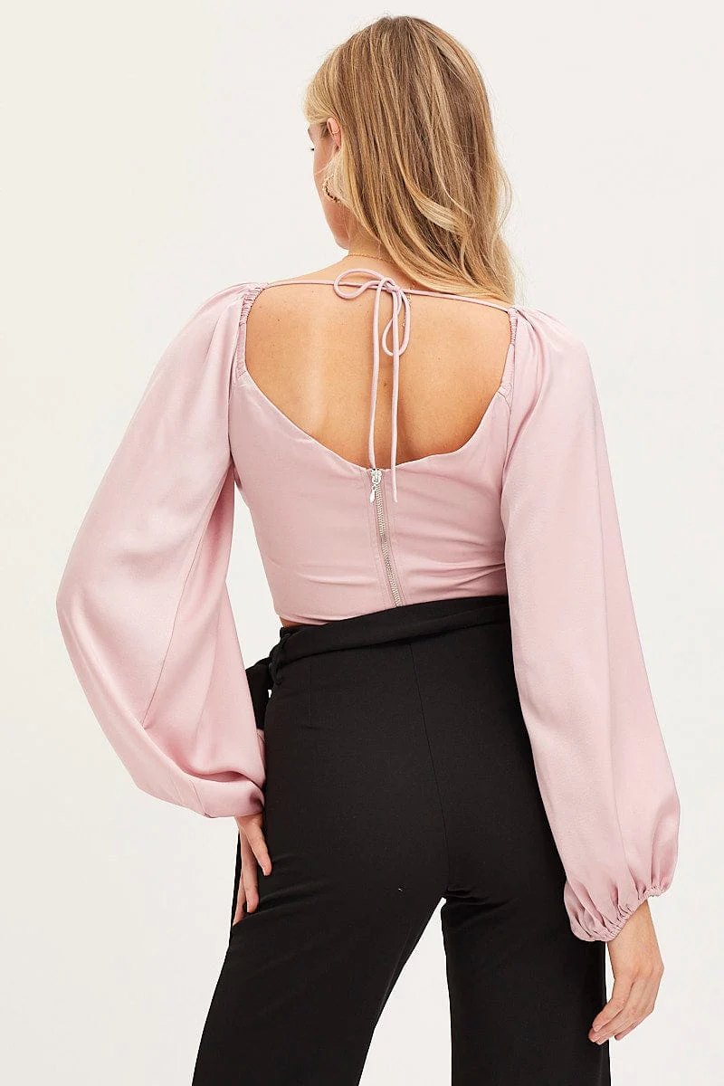 Pink Puff Sleeve Top Long Sleeve Crop Satin