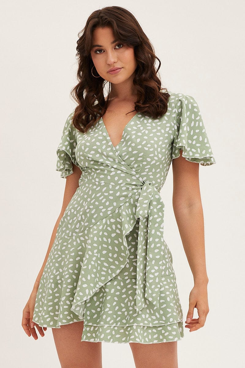 Green Geo Wrap Mini Dress