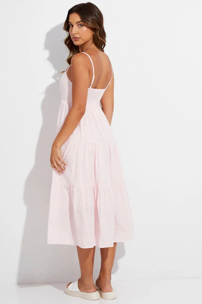 Pink Midi Dress Sleeveless Ruched Tiered