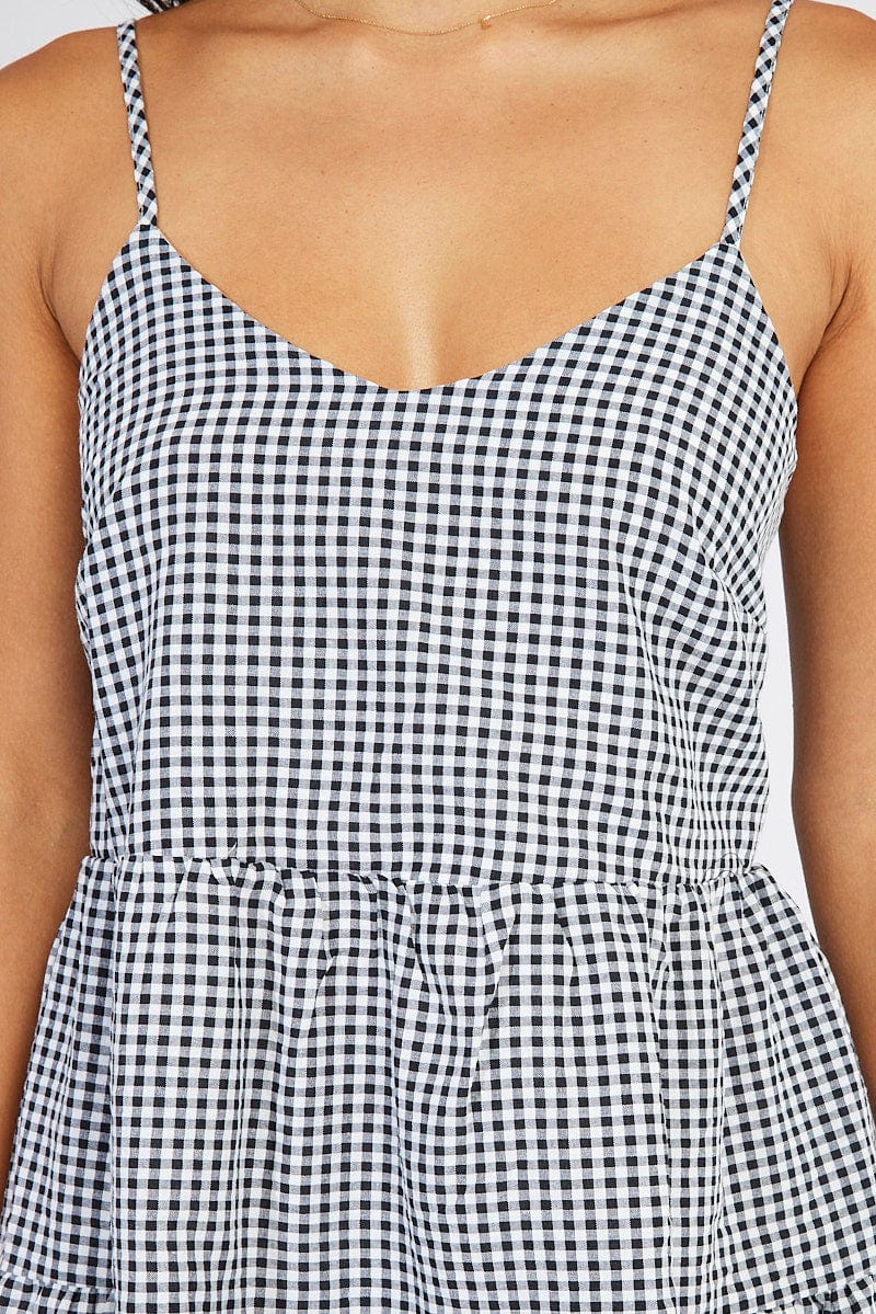 Black Check Fit and Flare Dress Sleeveless Tiered