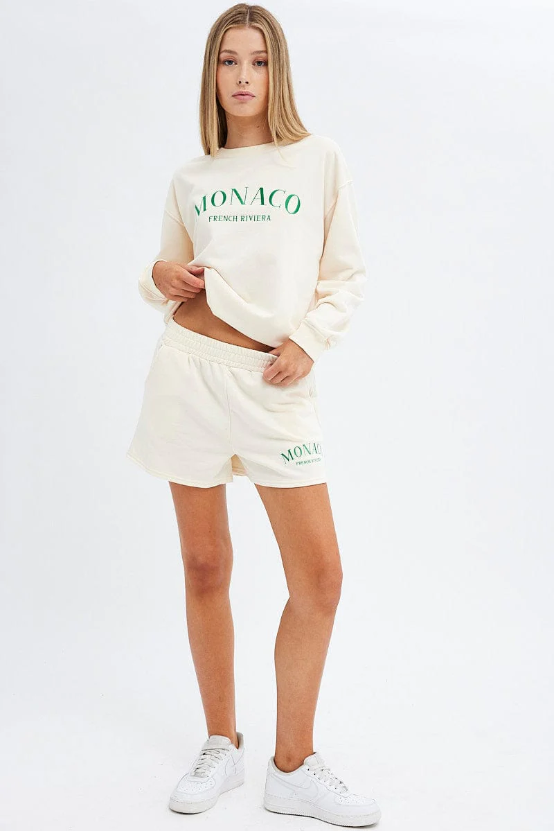 Cream Sweater Varsity Embroidered Monaco Slogan