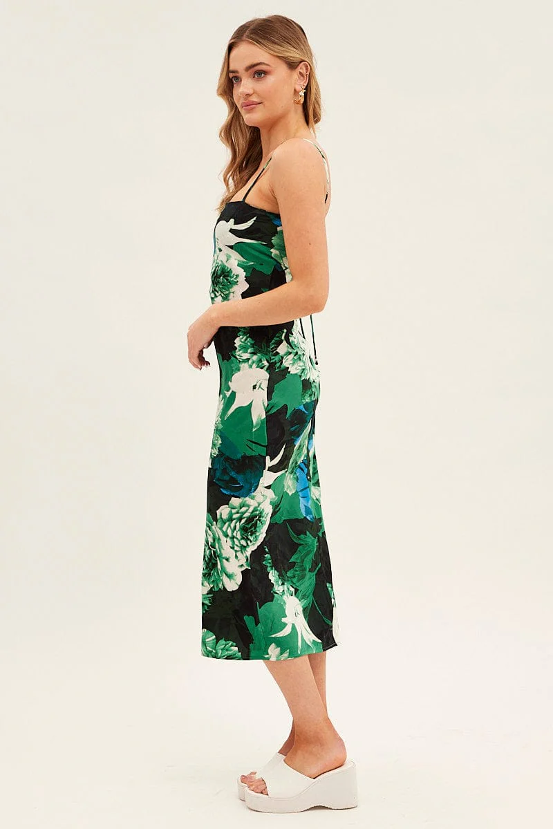 Green Floral Slip Dress Midi Strappy Back Floral Satin