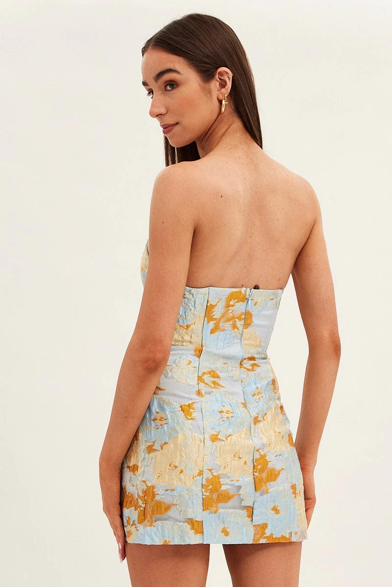 Blue Floral Mini Dress Strapless Bodycon