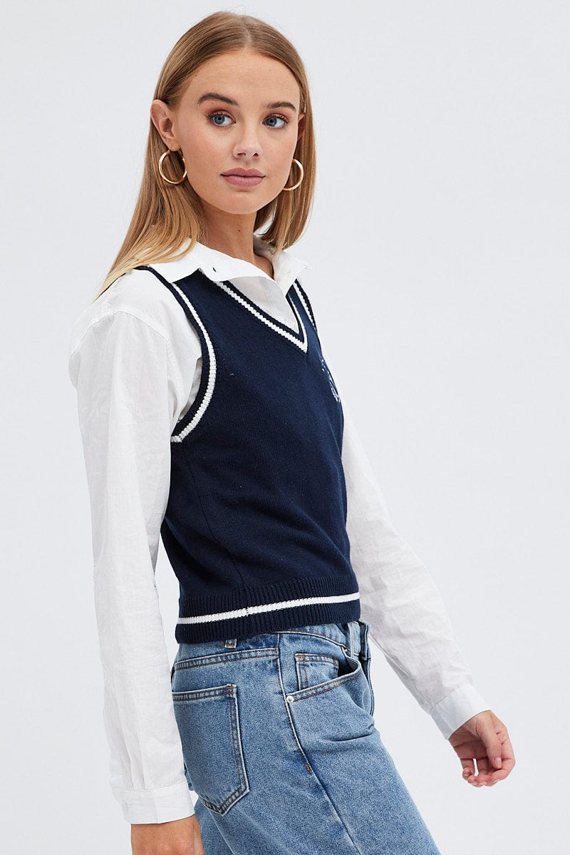 Blue Knit Vest V neck