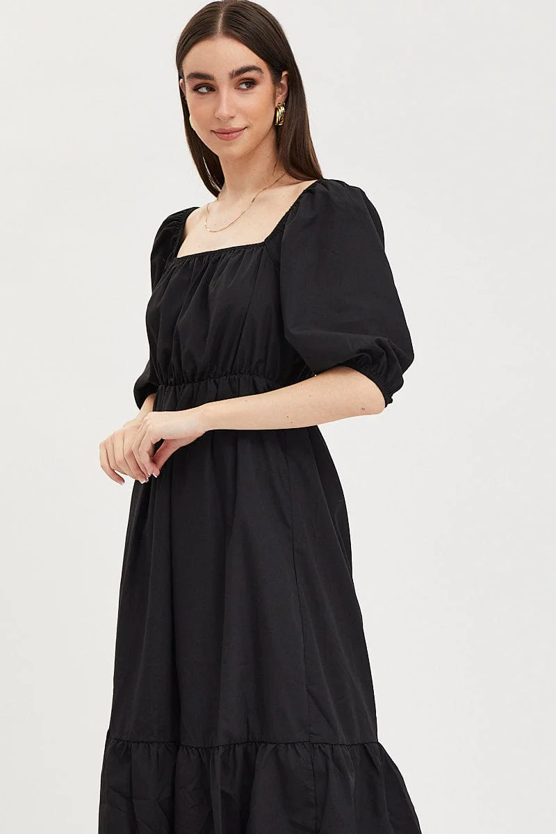 Black Midi Dress Short Sleeve Square Neck