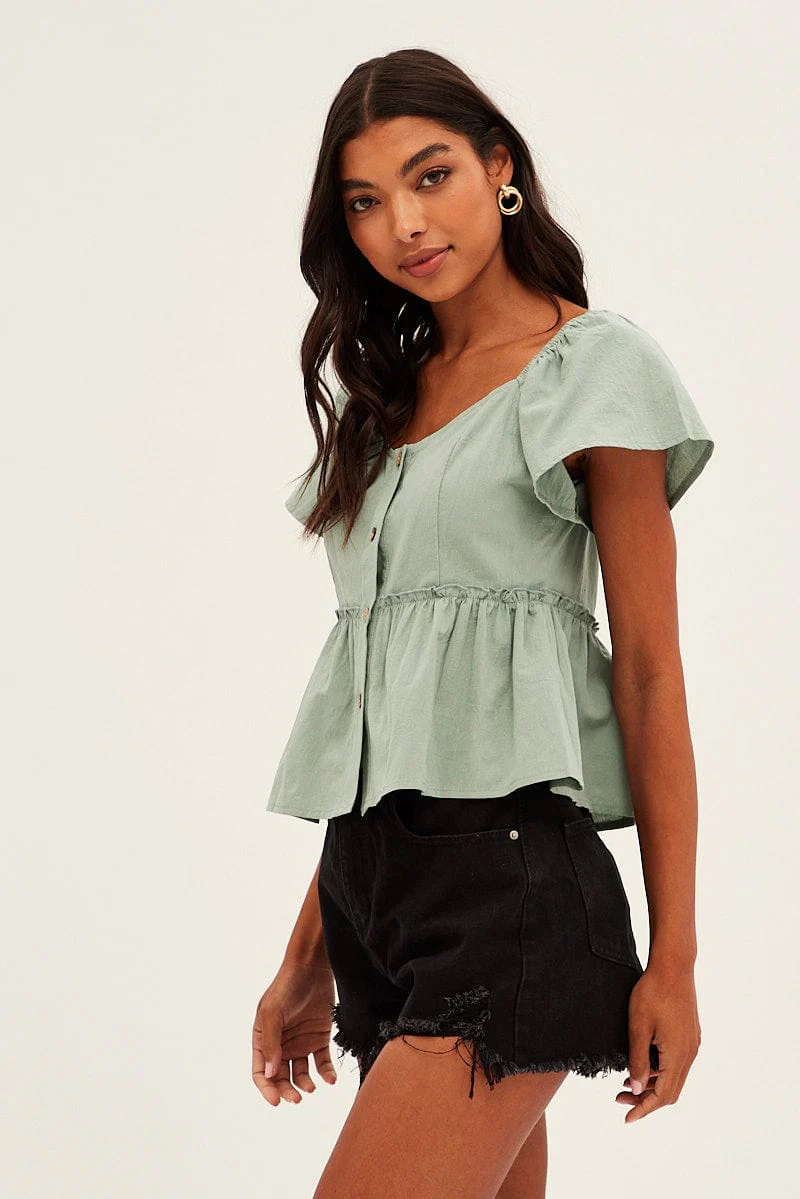 Green Bell Sleeve Peplum Top