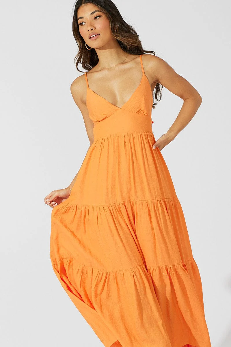 Orange Maxi Dress Tiered Sleeveless