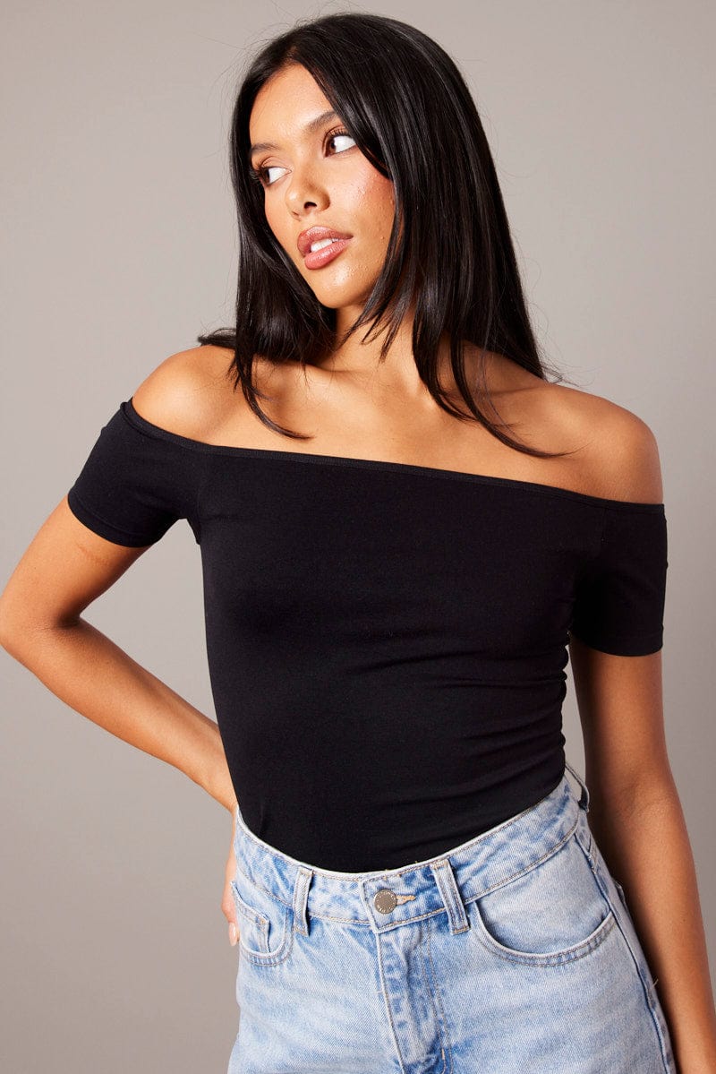 Black Off Shoulder Top Short Sleeve Seamless