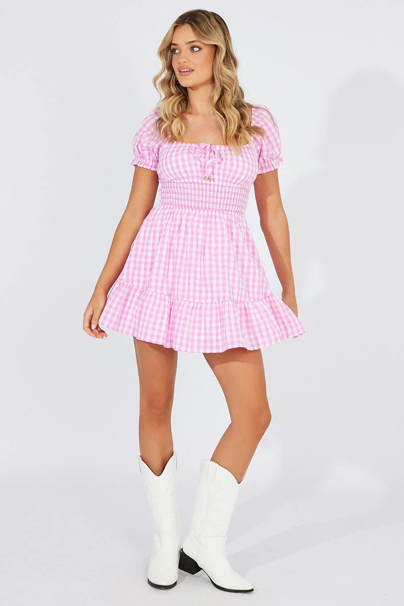 Pink Check Fit And Flare Dress Puff Sleeve Mini