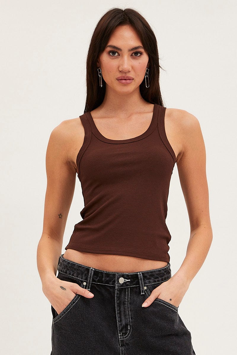 Brown Tank Top Sleeveless Round Neck