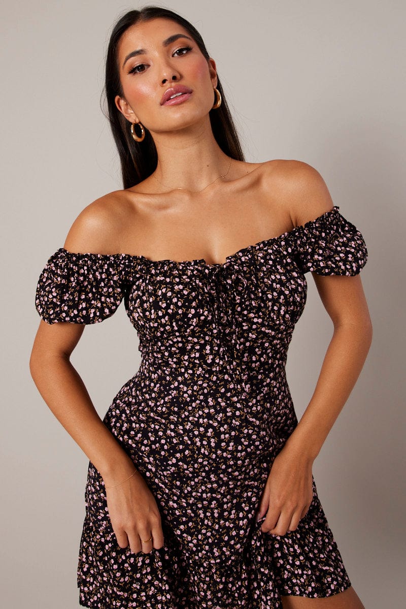 Black Ditsy Fit and Flare Dress Short Sleeve Lace Up Front