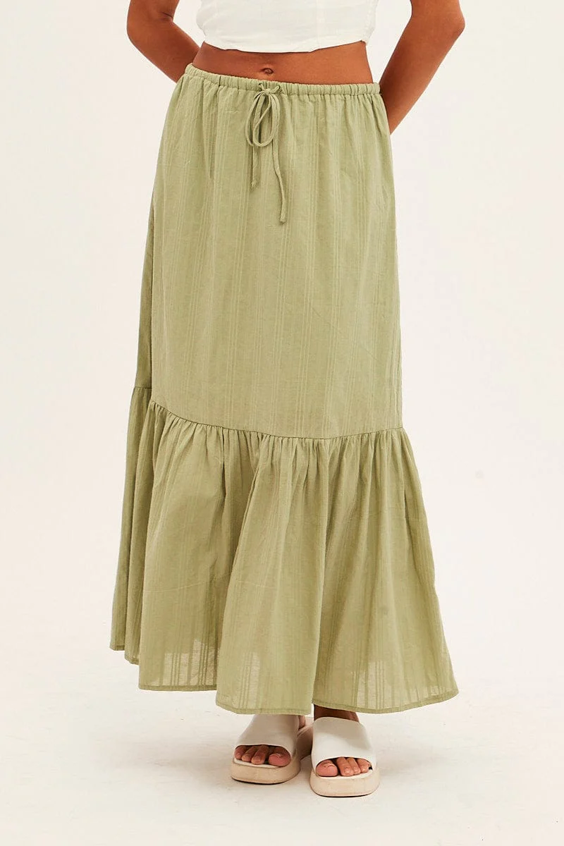 Green Midi Skirt Tiered Textured Thin Tie Waist