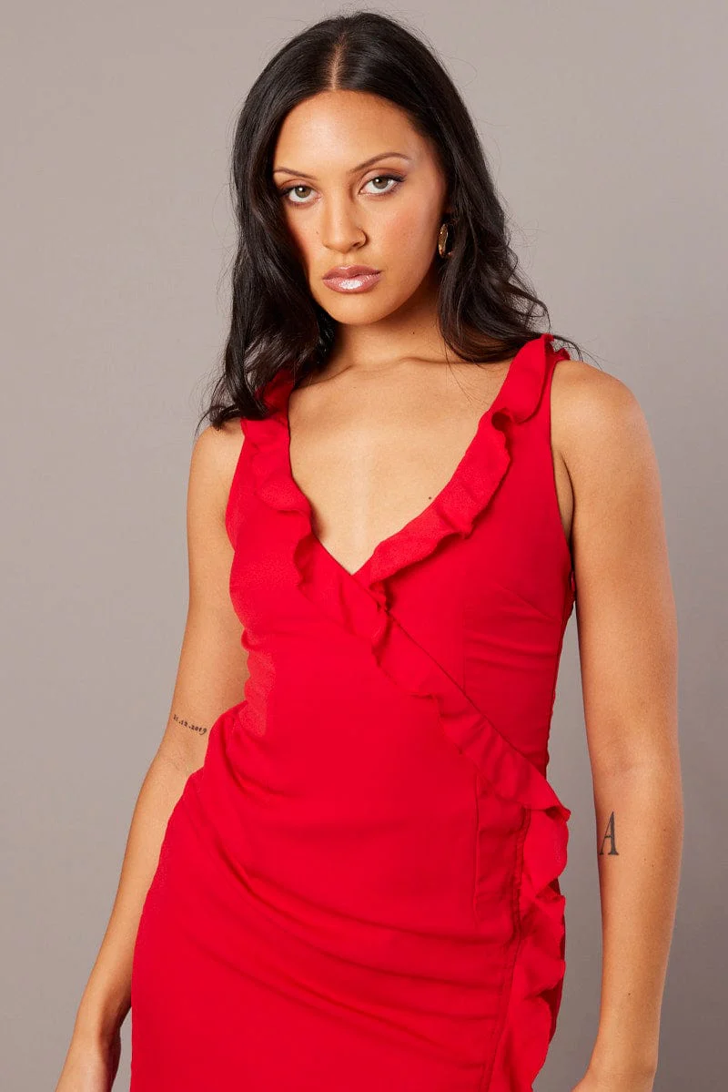 Red Ruffle Dress Wrap Midi Chiffon