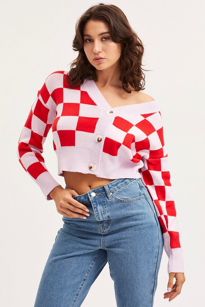 Check Knit Cardigan Long Sleeve Crop V-Neck